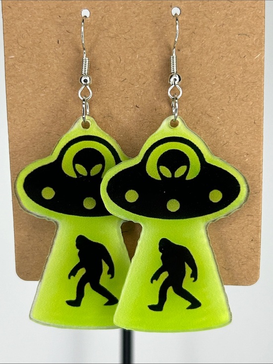 Fashion Jewelry Jewelry - Neon Green Alien UFO & Bigfoot Dangle Earrings Fashion Jewelry